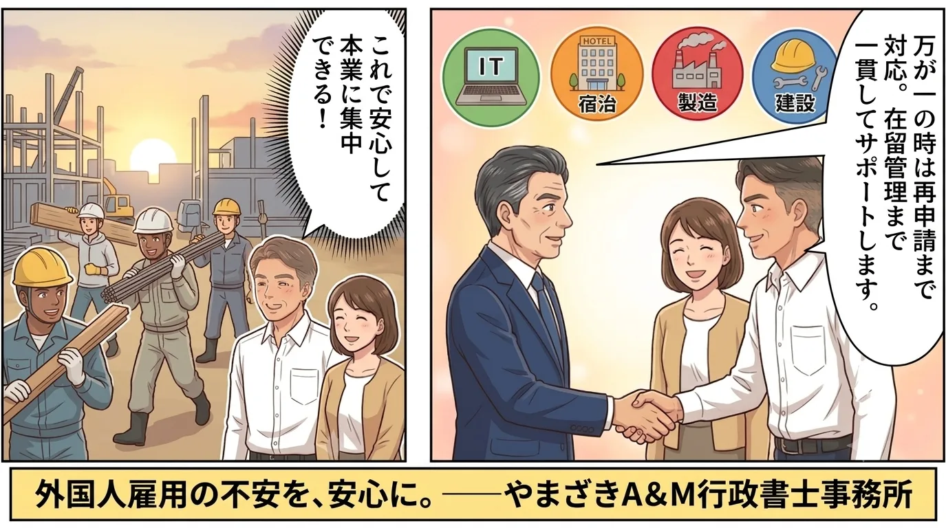 8/8 これで安心して本業に集中できる…！　万が一の時は再申請まで対応。在留管理まで一貫してサポートします。外国人雇用の不安を、安心に。──やまざきA&M行政書士事務所